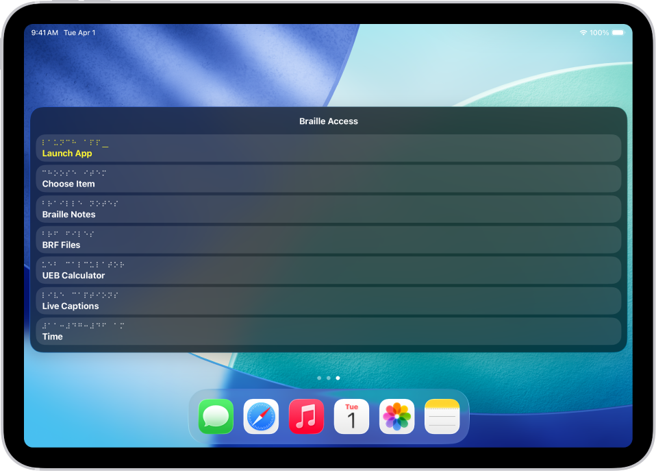 Avatud Braille Access-menüüga iPad, kus kuvatakse järgmisi valikuid: Launch App, Choose Item, Braille Notes, BRF Files, Calculator, Live Captions ja Time.