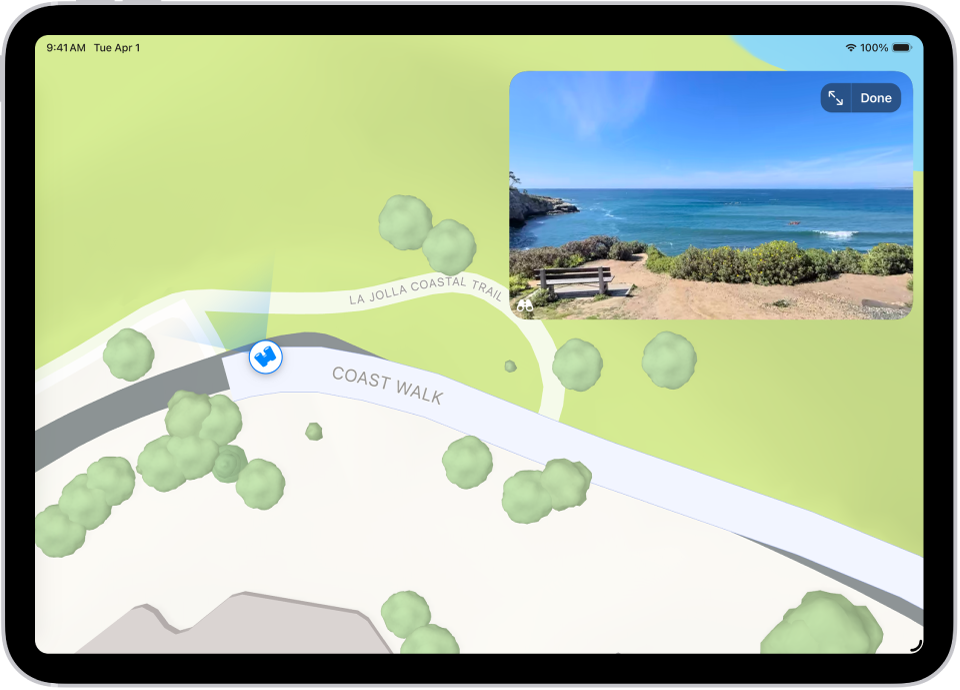 Liikutettava 360 asteen panoraamanäkymä tulee näkyviin Kartat-appiin merkityn alueen kartan yläpuolelle. Katso ympärille -kuvake karttapisteiden päällä katseen suunnassa.