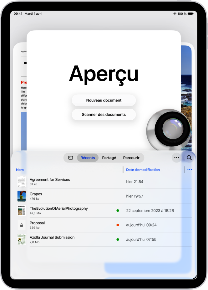 L’écran principal de l’app Aperçu. Les boutons « Nouveau document » et « Scanner des documents » se trouvent au centre de l’écran. Vers le bas de l’écran se trouvent les onglets Récents, Partagés et Parcourir.