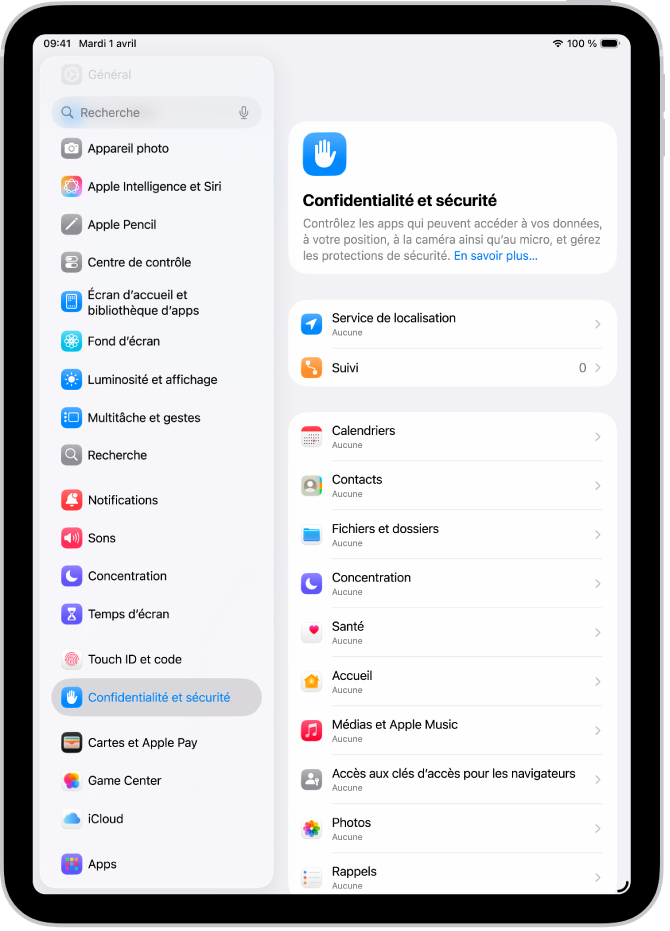 L’écran « Confidentialité et sécurité », avec des réglages pour le service de localisation et le suivi, ainsi que des réglages permettant de contrôler les apps qui accèdent aux données.