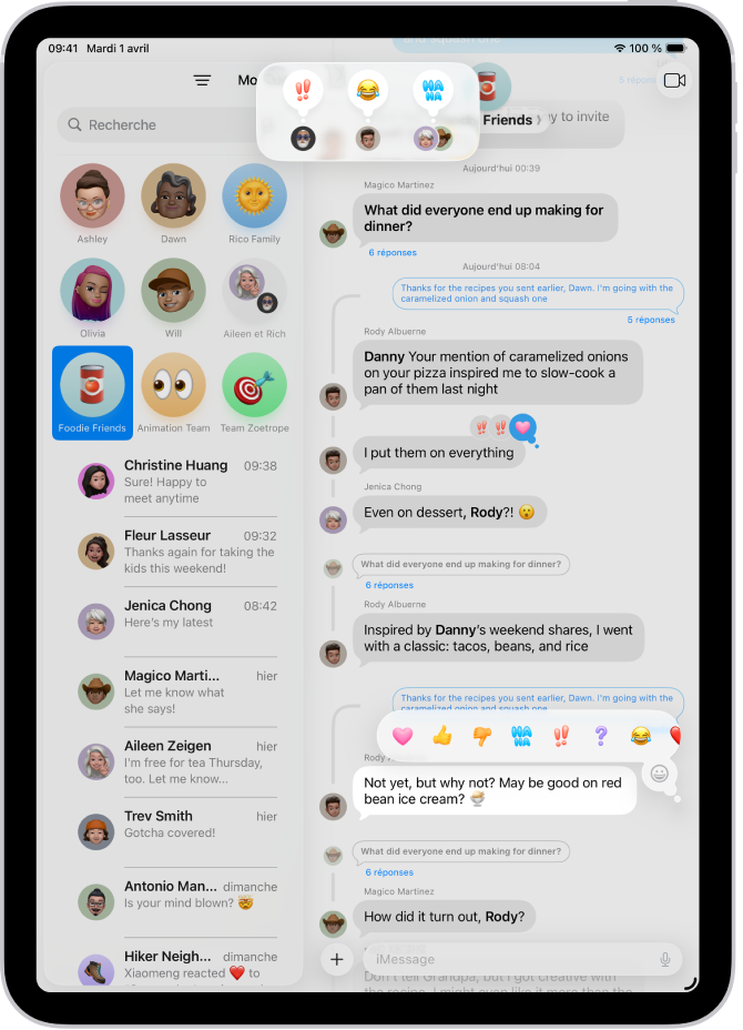 Une conversation Messages avec des attributions de tapbacks visibles en haut de l’écran et le menu Tapbacks visible au-dessus d’un message.