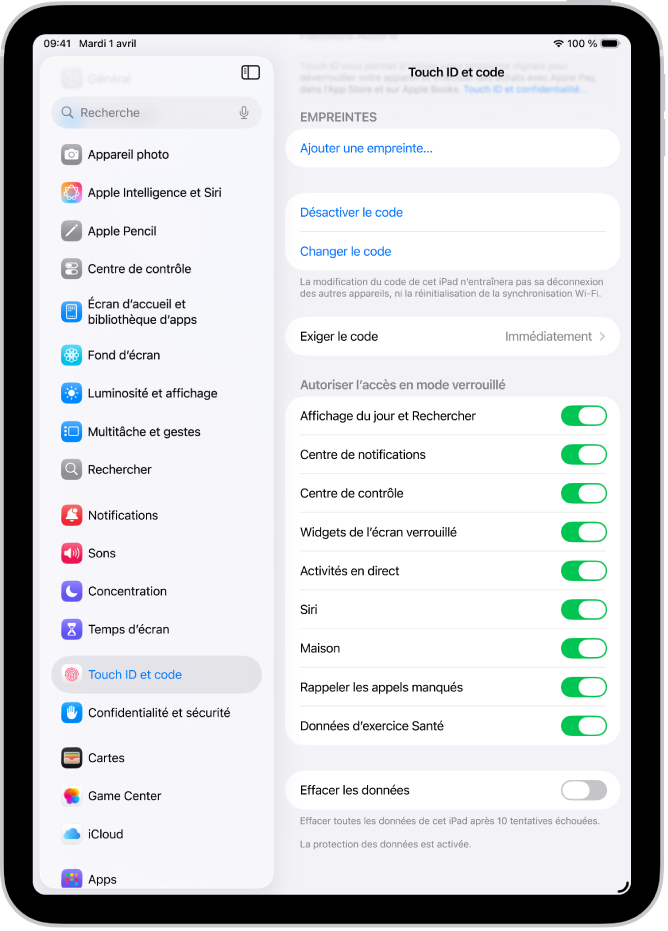 Réglages « Face ID et code », avec des options permettant d’accéder à des fonctionnalités spécifiques lorsque l’iPad est verrouillé.