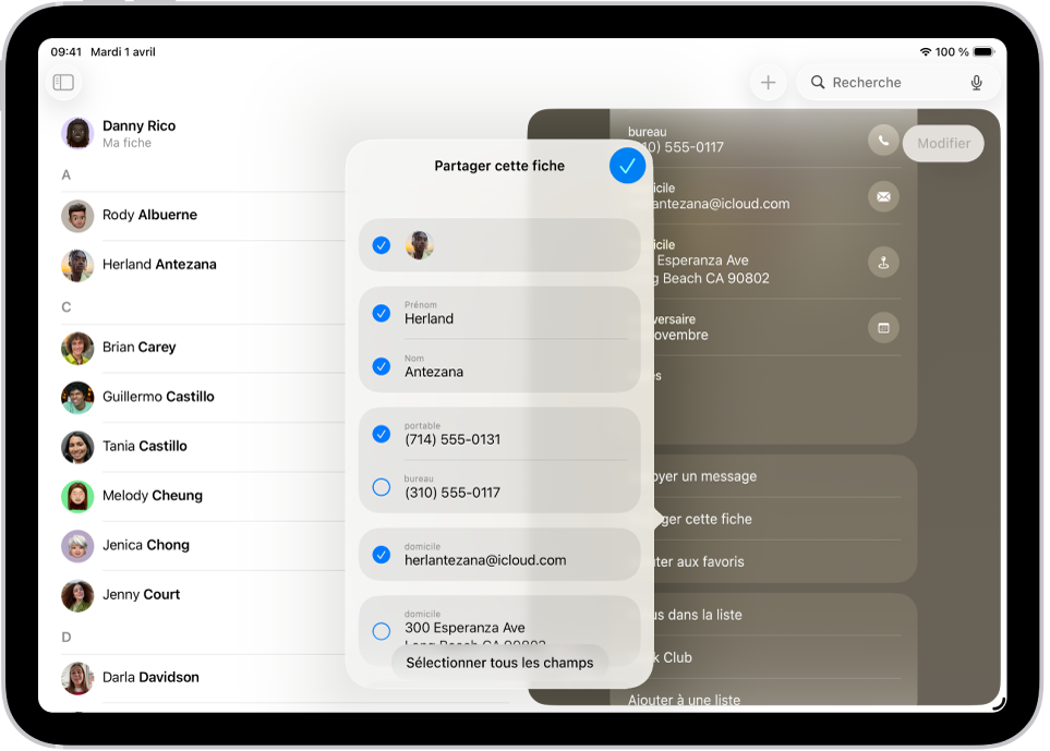 La fenêtre « Partager le contact » dans l’app Contacts.
