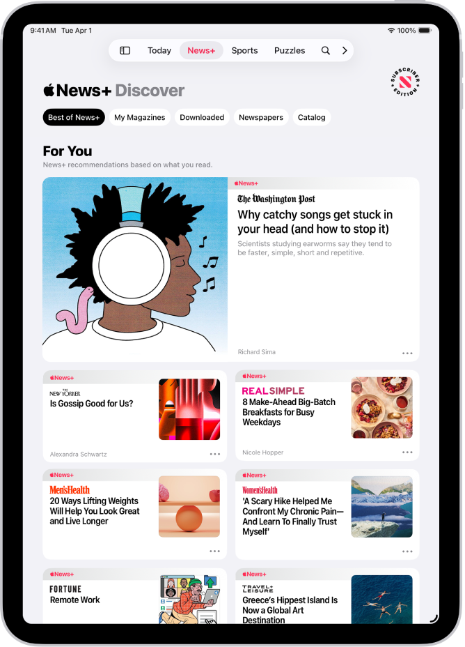 Apple News+માં શોધો પેજ. ટૅબ બારમાં News+ સિલેક્ટ કરવામાં આવ્યું છે અને તેની નીચે News+ની શ્રેષ્ઠ શ્રેણી સિલેક્ટ કરવામાં આવી છે.