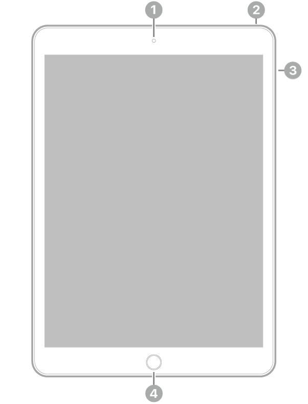 Vista frontale di iPad con didascalie relative alla fotocamera anteriore in alto al centro; al tasto superiore, in alto a destra; ai tasti volume, a destra e al tasto Home/Touch ID, in basso al centro.