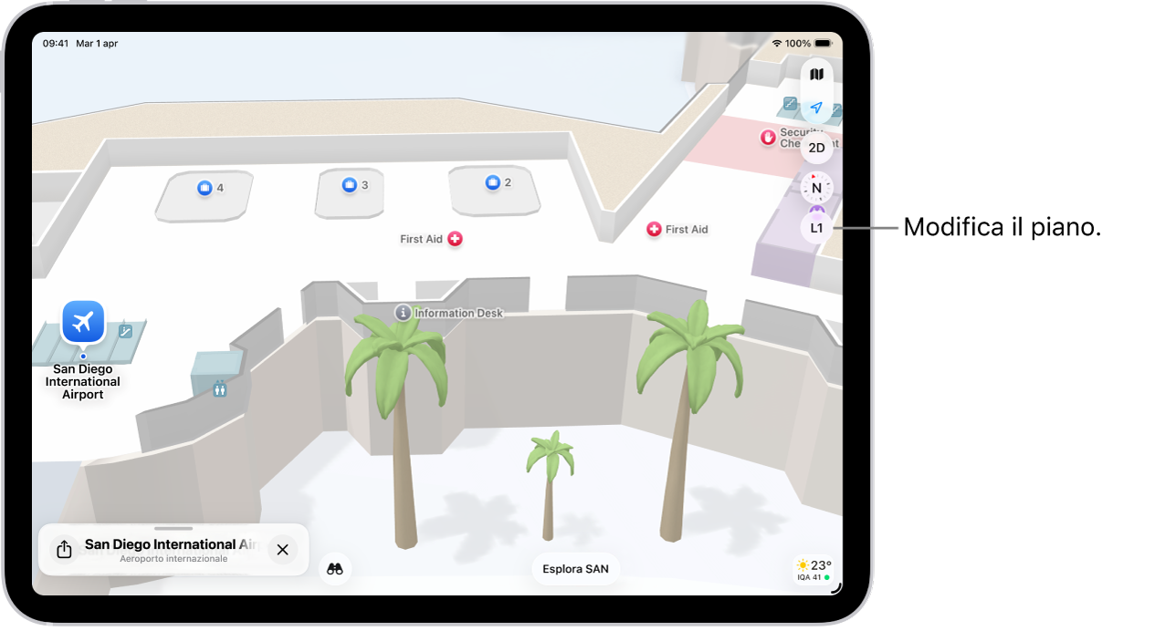 La mappa degli interni del terminal di un aeroporto. La mappa mostra un cancello di imbarco, le toilette, i controlli di sicurezza e un kit di pronto soccorso. Per passare a un altro piano delle mappe degli edifici su più piani, tocca il pulsante L2 (per “Livello 2”).