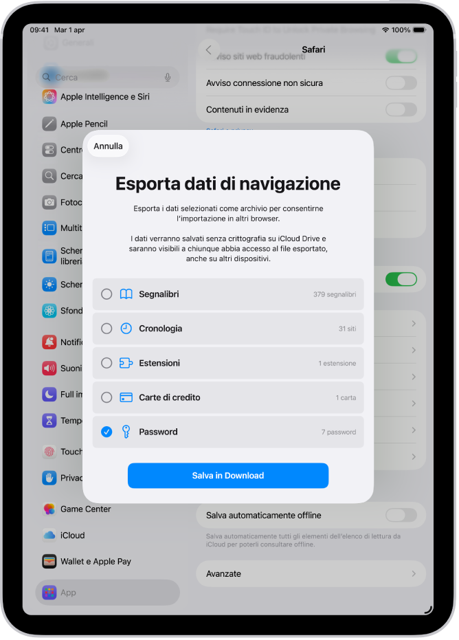 La schermata di esportazione dei dati di navigazione, con l’opzione Password selezionata per eseguire l’esportazione verso un altro gestore di password.