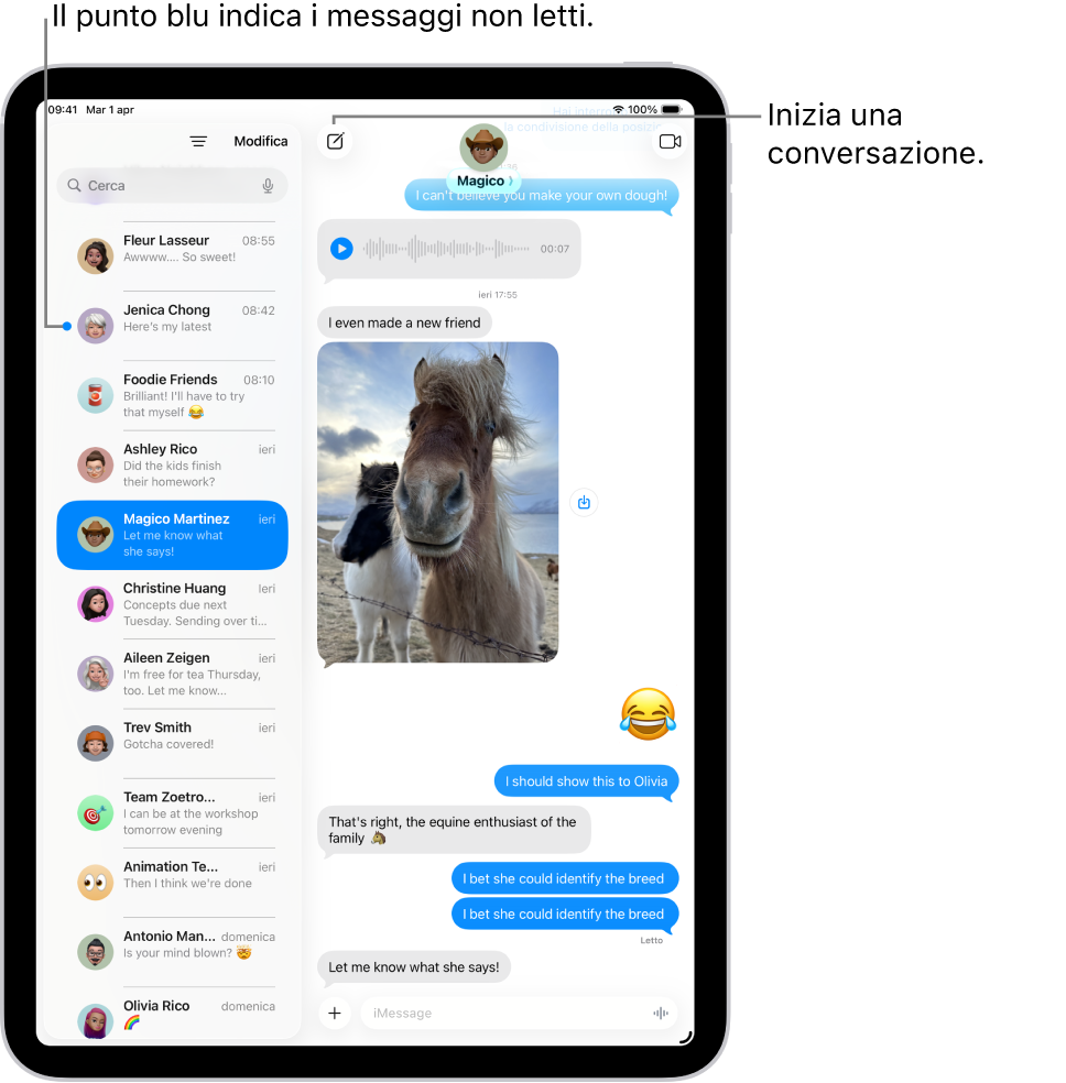 Una conversazione di Messaggi sulla sinistra con a destra la relativa trascrizione. Un messaggio non letto è contrassegnato con un punto di colore blu.