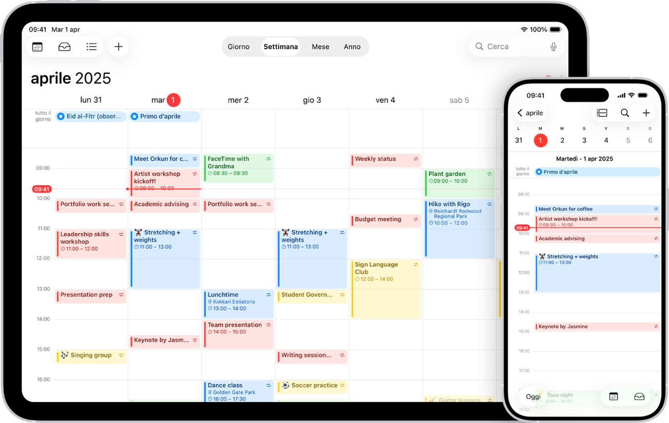 Un calendario nella vista settimanale su iPad e lo stesso calendario su iPhone nella vista giornaliera.