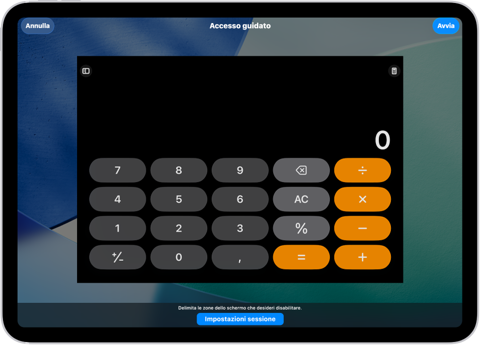 Una schermata di iPad che mostra la configurazione di “Accesso guidato”. iPad viene temporaneamente bloccato sull’app Calcolatrice e uno dei tasti nell’app è stato disabilitato.