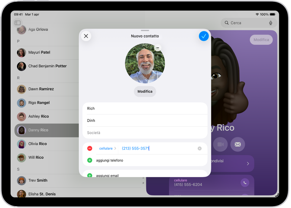 La finestra “Nuovo contatto” nell’app Contatti.