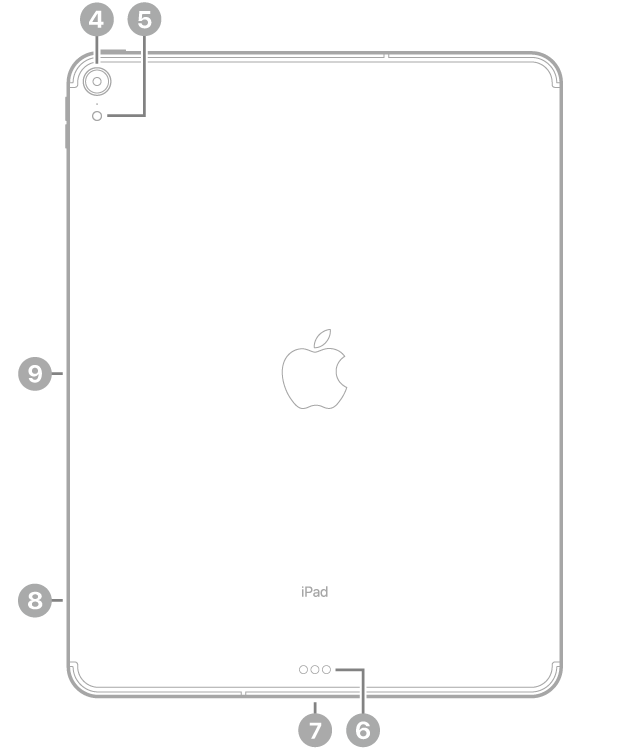iPad Proの背面。左上に背面カメラとフラッシュ、下部中央にSmart ConnectorとUSB-Cコネクタ、左下にSIMトレイ(Wi-Fi + Cellular)、左側にApple Pencil用の磁気コネクタが示されています。