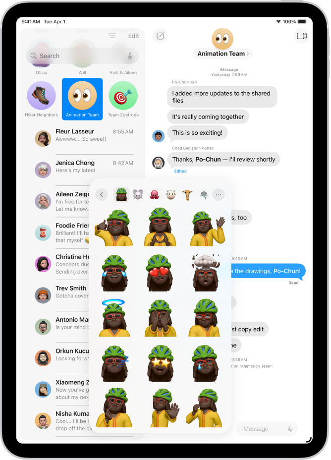 Memoji кейіпкерін әртүрлі қалыптарда көрсетіп тұрған «Хабарлар» сұхбатындағы ашық мәзір.