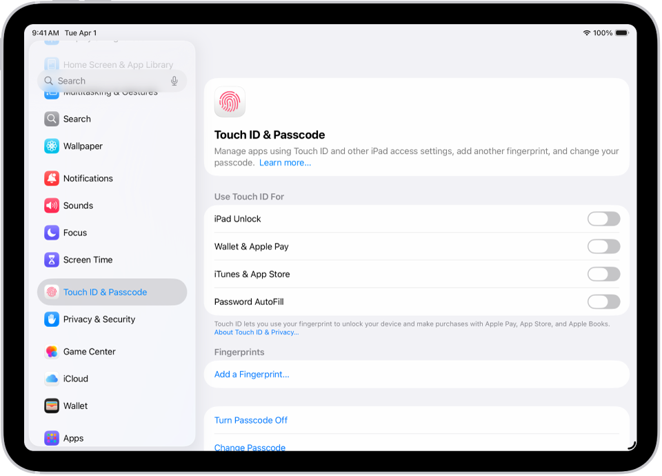 Саусақ ізін қосу және құпиякодты қосу опциялары бар «Touch ID және құпиякод» үшін реттеулерді көрсетіп тұрған экран.