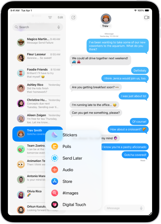 „iPad“ programos „Žinutės“ įtraukimo meniu, kuriame išvardytos kelios „iMessage“ funkcijos: suplanuotas siuntimas, garso žinutės, „App Store“, GIF vaizdai, „Digital Touch“, vietos bendrinimas ir muzika.