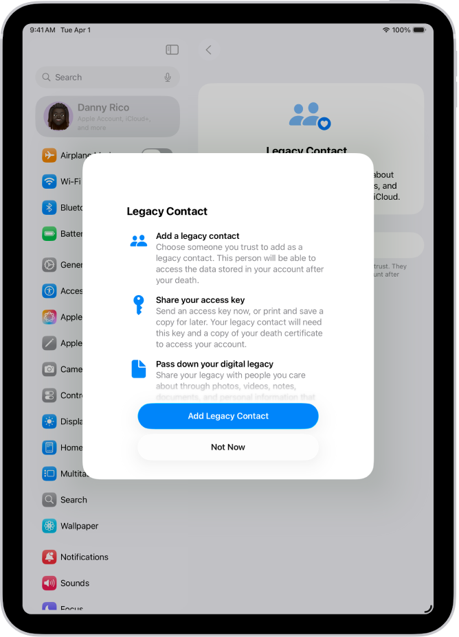 Ekrāns Legacy Contact ar informāciju par funkciju. Apakšējā labajā stūrī ir poga Add Legacy Contact.