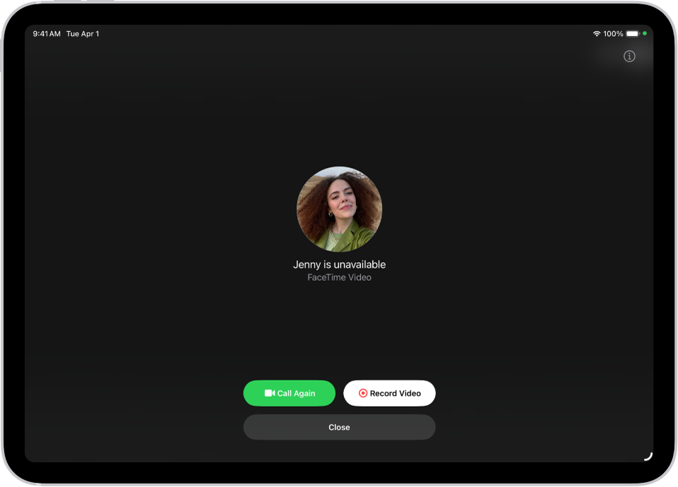 Ekrāns Video Record, kurā redzams, ka persona, kurai zvanāt, nav pieejama. Ekrānā ir poga Call Again un poga Record Video, kam var pieskarties, lai ierakstītu video ziņojumu.