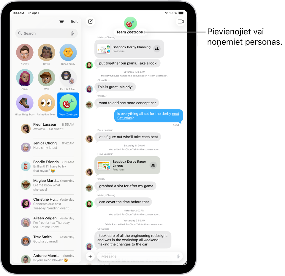 Grupas saruna iPad ierīces lietotnē Messages Pa kreisi piesprausta saruna tiek atlasīta sarunu sarakstā. Pa labi ir sarunas transkripcija ar kopīgotiem failiem.