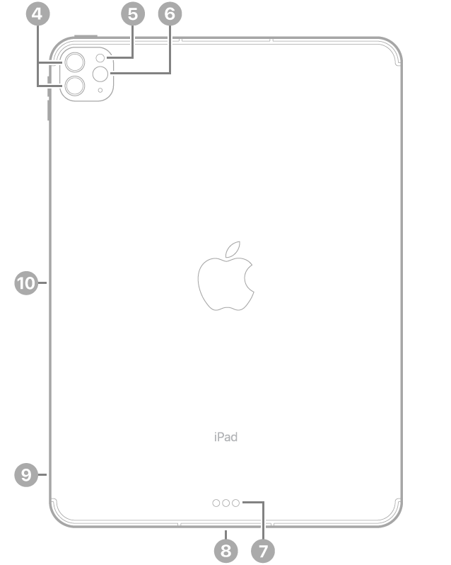 iPad Pro aizmugure ar atsauci uz aizmugurējām kamerām un zibspuldzi augšējā kreisajā malā, Smart Connector un Thunderbolt / USB 4 savienotāju apakšdaļā pa vidu, SIM turētāju (Wi-Fi + Cellular) apakšdaļā pa kreisi un Apple Pencil magnētisko savienotāju kreisajā pusē.