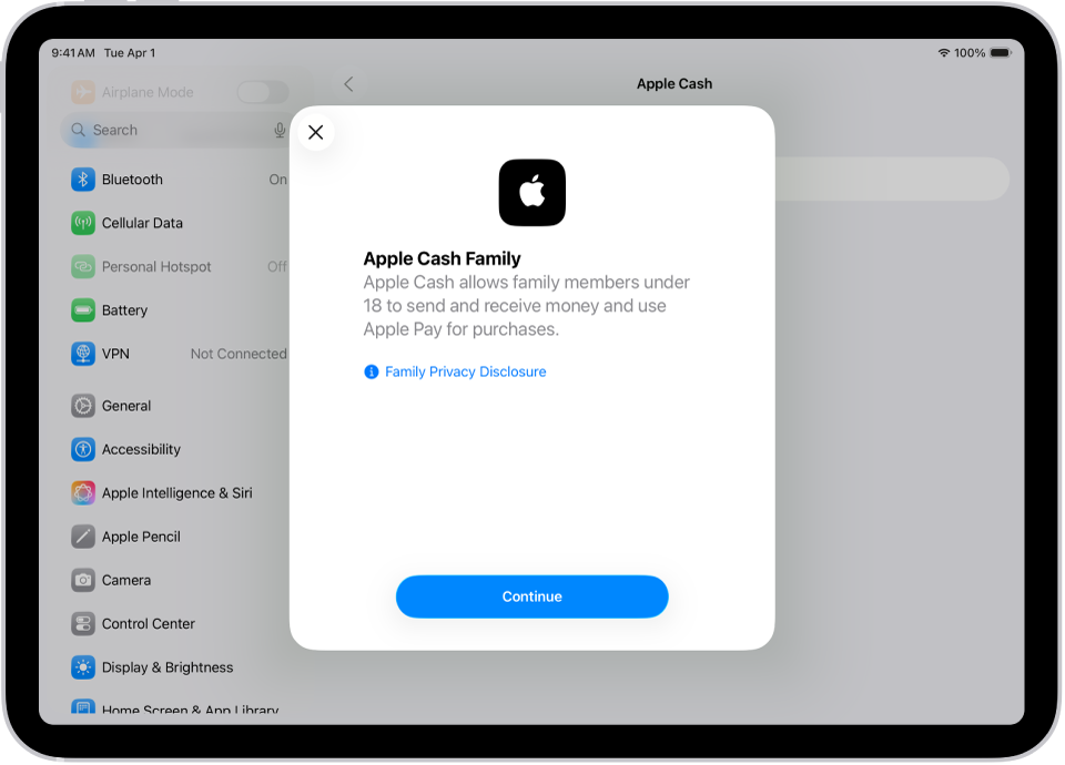 Skrin Seting, dengan dialog persediaan Apple Cash Keluarga di bahagian tengah skrin.