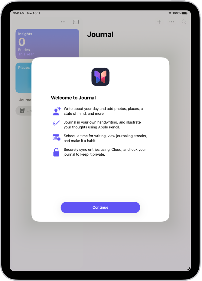 Skrin selamat datang untuk app Jurnal.