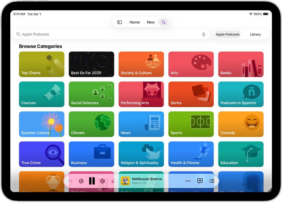 Skrin Cari dalam app Podcast, menunjukkan kategori podcast. Berhampiran bahagian bawah skrin ialah Pemain Mini.