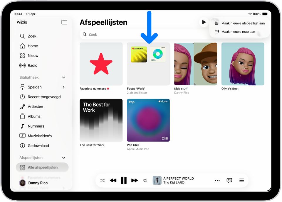 De Muziek-app is geopend op de iPad; links staat de navigatiekolom en rechts staat de lijst met afspeellijsten. Bovenaan staan knoppen voor het aanmaken van een nieuwe afspeellijst of een nieuwe map. Een blauwe pijl wijst naar een afspeellijstenmap genaamd 'Work focus'.