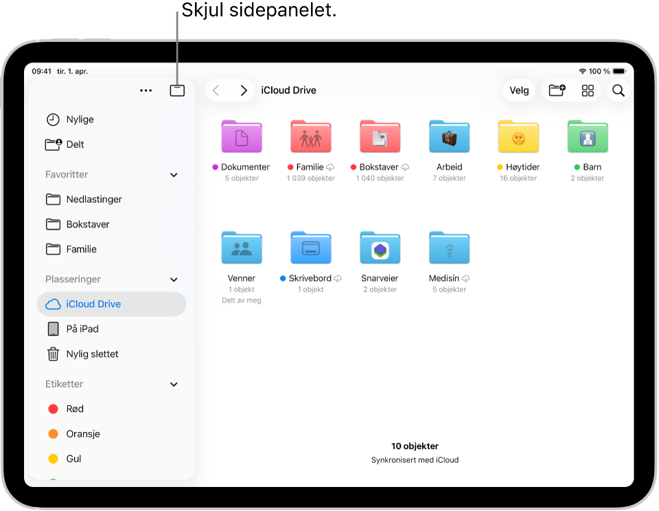 Filer-appen som viser filene og mappene dine i iCloud Drive. Øverst på skjermen finnes det knapper for å markere objekter, opprette en ny mappe, endre visningen (Liste, Symboler, Kolonner) og Søk.