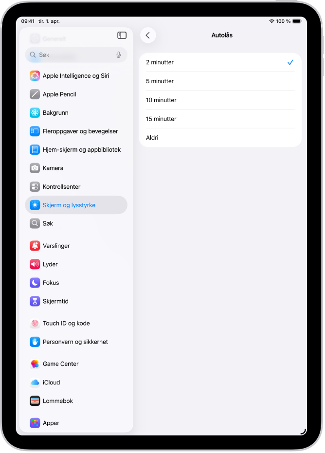 Autolås-skjermen med innstillinger for hvor lang tid det tar før iPad låses automatisk.