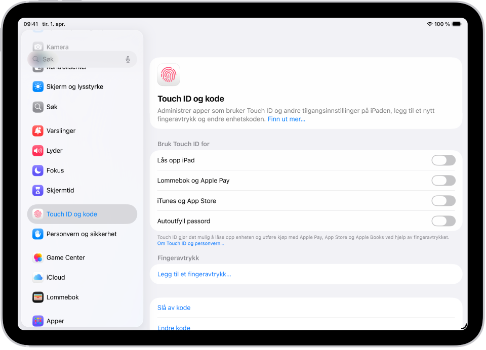 En skjerm som viser innstillinger for Touch ID og kode, med valg om å legge til et fingeravtrykk og slå på kode.