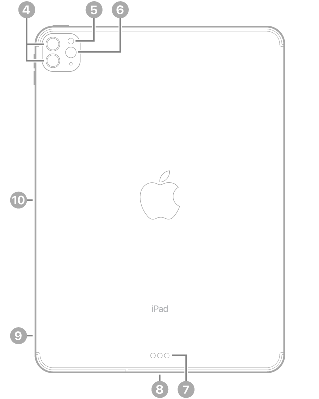 iPad Pro sett bakfra, med bildeforklaringer for kameraene på baksiden og blitsen øverst til venstre, Smart Connector og USB-C-tilkoblingen nederst i midten, SIM-skuffen (Wi-Fi + Cellular) nederst til venstre og det magnetiske festet for Apple Pencil til venstre.
