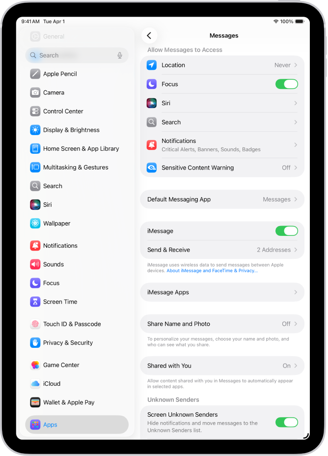 iMessage ଚାଲୁ ଥିବା ମେସେଜ୍ ସେଟିଂସ୍ ପେନ୍।