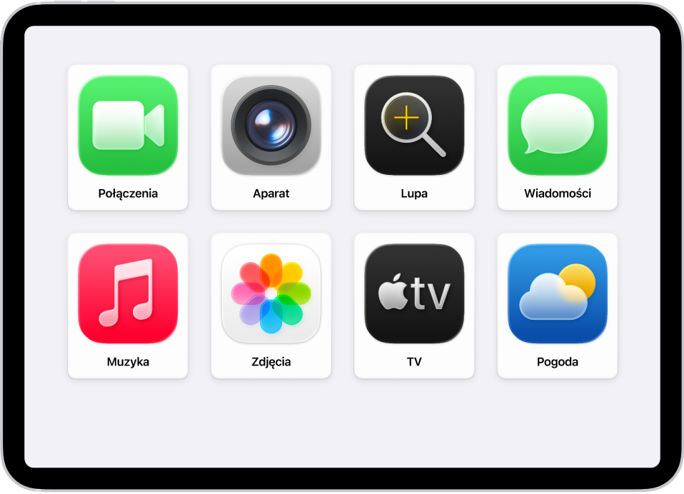 iPad wyświetlający ekran główny funkcji Dostęp wspomagany z dużą siatką aplikacji.