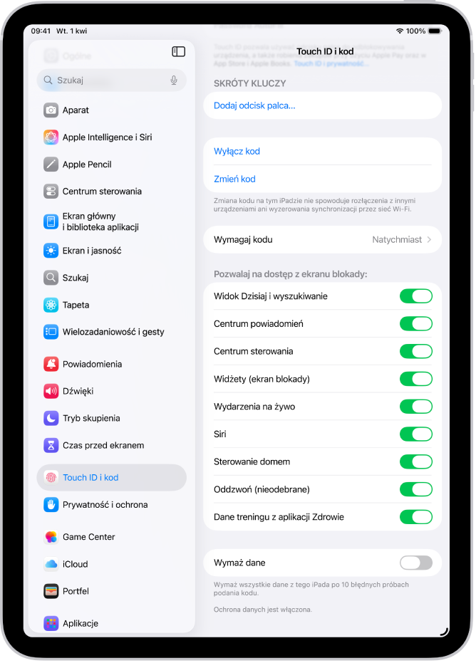 Ekran ustawień Face ID i kodu, zawierający opcje pozwalania na dostęp do określonych funkcji, gdy iPad jest zablokowany.