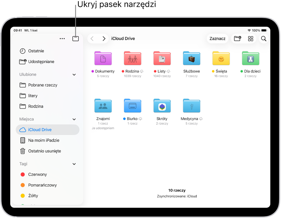 Aplikacja Pliki wyświetlająca pliki i foldery przechowywane w iCloud Drive. Na górze ekranu znajdują się przyciski wybierania rzeczy, tworzenia nowego folderu, zmieniania widoku (Lista, Ikony, Kolumny) oraz wyszukiwania.