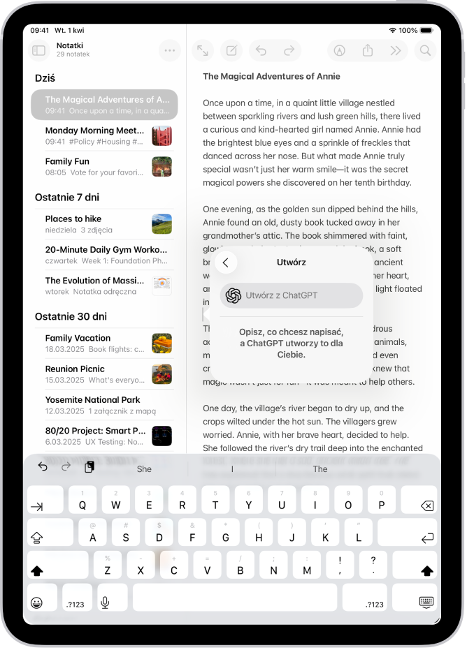 iPad wyświetlający opowieść pisaną w aplikacji Notatki. Po prawej stronie ekranu widoczne jest okno dialogowe redagowania tekstu przy użyciu Narzędzi pisania. Zawiera ono opcje pozwalające między innymi opisać zmianę oraz wybrać sugestie ChatGPT.