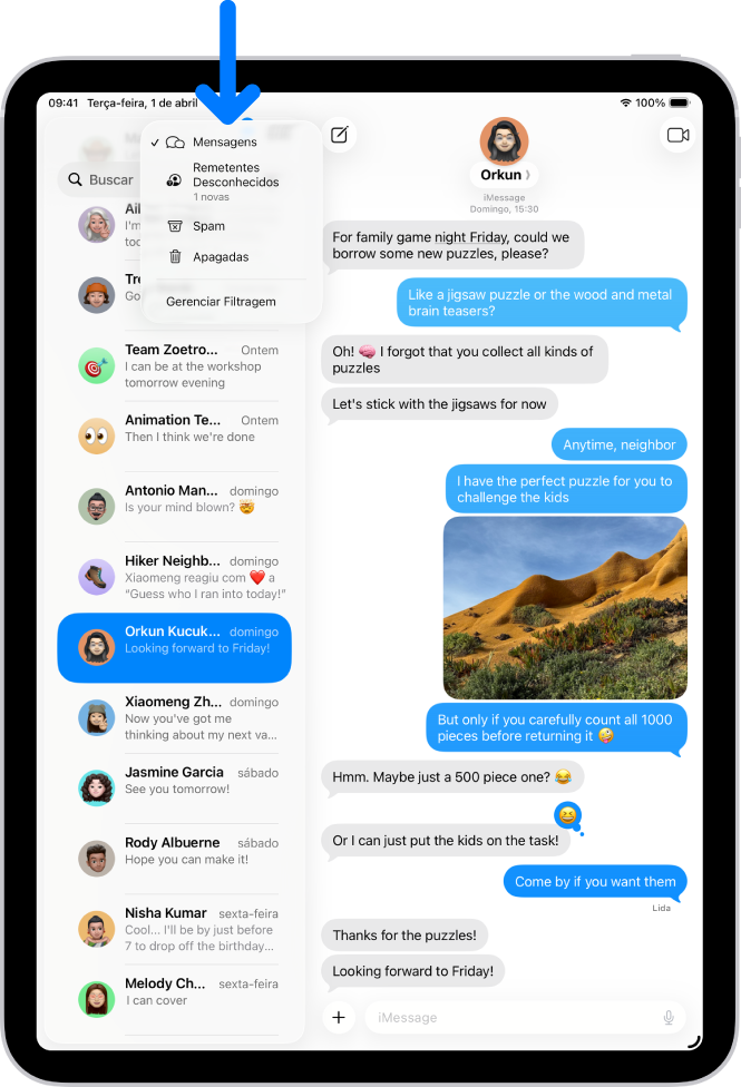 Uma lista de conversas no app Mensagens. Todas as mensagens estão aparecendo porque não há nenhum filtro selecionado no menu Filtrar.