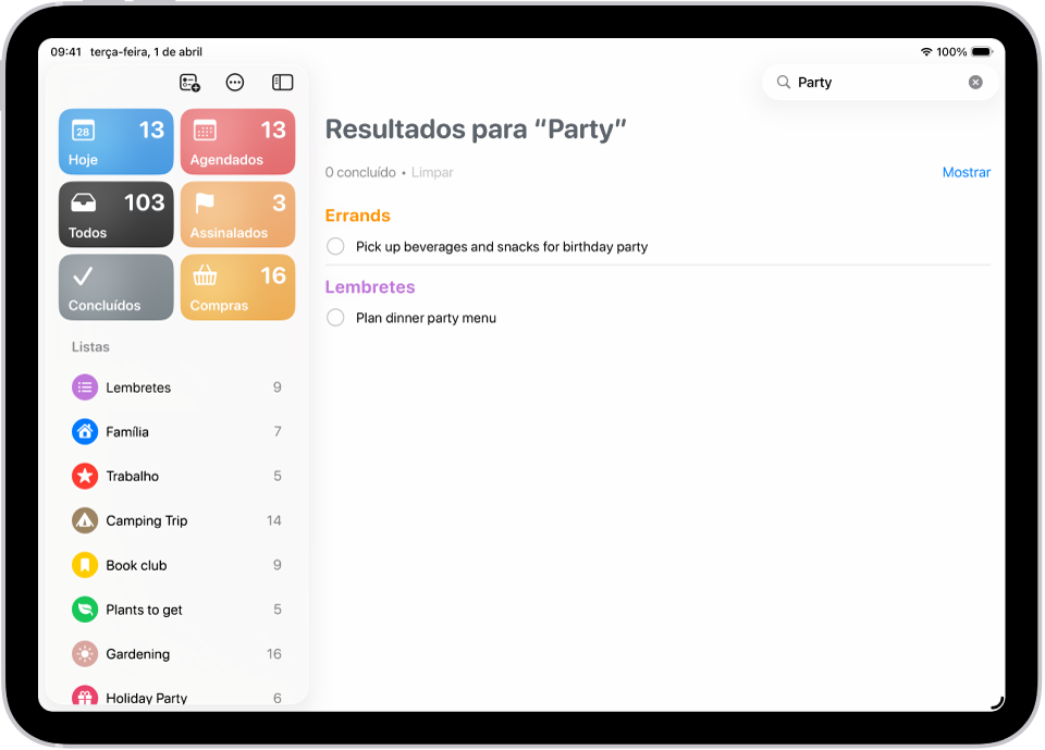 Resultados de pesquisa na aplicação Lembretes a mostrar tarefas que incluem a palavra “festa”.