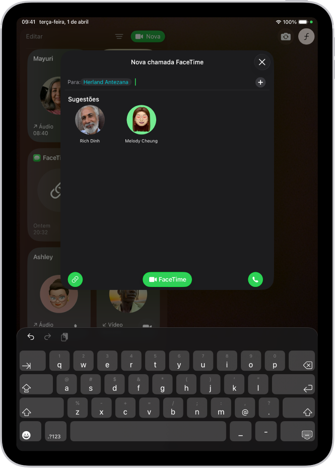 A janela “Nova chamada FaceTime” no iPad. É introduzido um nome no campo “Para” e aparecem dois contactos sugeridos por baixo.