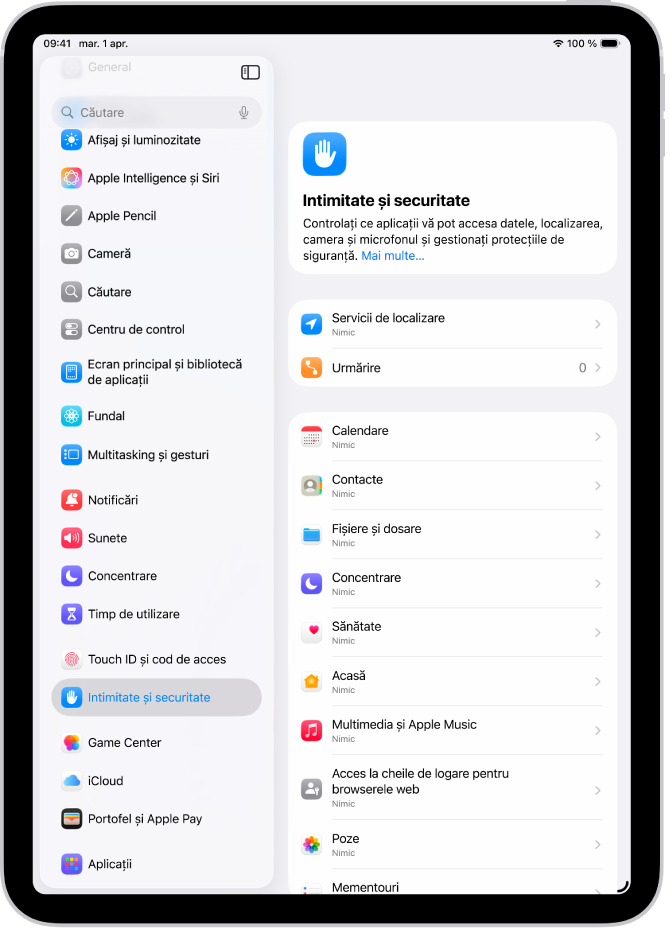 Configurările Servicii de localizare din configurările Intimitate și securitate, cu opțiuni pentru partajarea localizării iPad‑ului, inclusiv configurări personalizate pentru aplicații individuale.