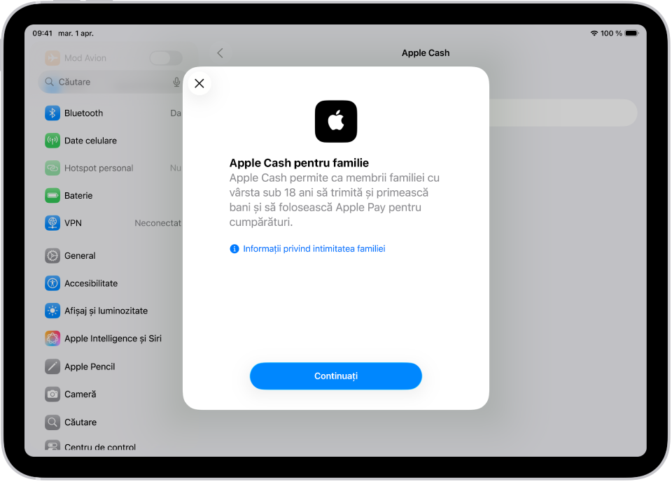 Ecranul Configurări, cu dialogul de configurare Apple Cash pentru familie în mijlocul ecranului.