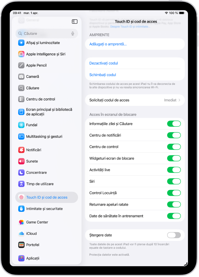 Configurările Face ID și cod de acces, cu opțiuni pentru permiterea accesului la anumite funcționalități când iPad‑ul este blocat.