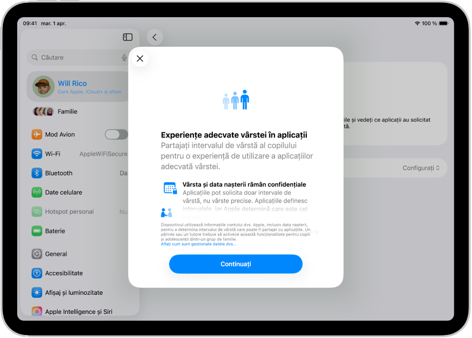 Ecranul Configurări iPad afișând Experiențe adecvate vârstei în aplicații în configurarea Aplicații, care explică modul cum puteți ajuta copiii să beneficieze de experiențe adecvate vârstei în aplicații prin partajarea intervalului lor de vârstă.