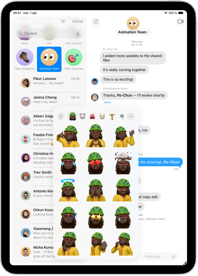Un meniu deschis într-o conversație din Mesaje, afișând un Memoji cu diferite posturi.