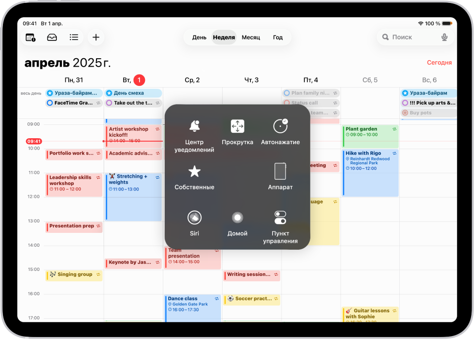 На iPad отображается меню AssistiveTouch с элементами управления для Центра уведомлений, устройства, Пункта управления, Дома, Siri и пользовательских настроек.