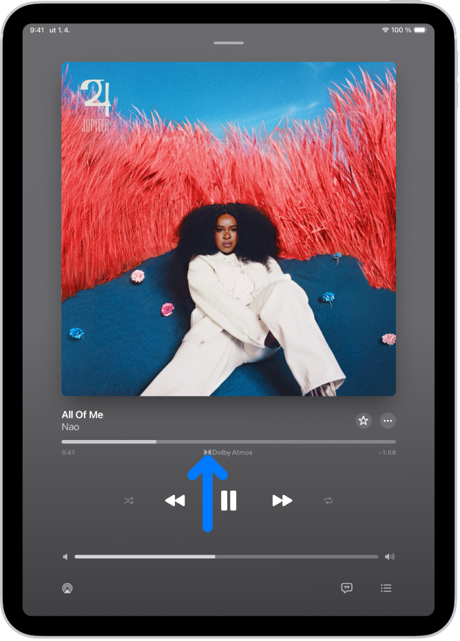 Obrazovka Práve hrá zobrazuje ikonu Dolby Atmos pre prehrávanú skladbu.