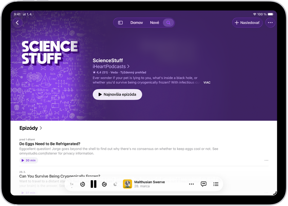 Stránka relácie v apke Podcasty, na ktorej sa zobrazujú dve epizódy so zhrnutiami a miniprehrávač v dolnej časti.