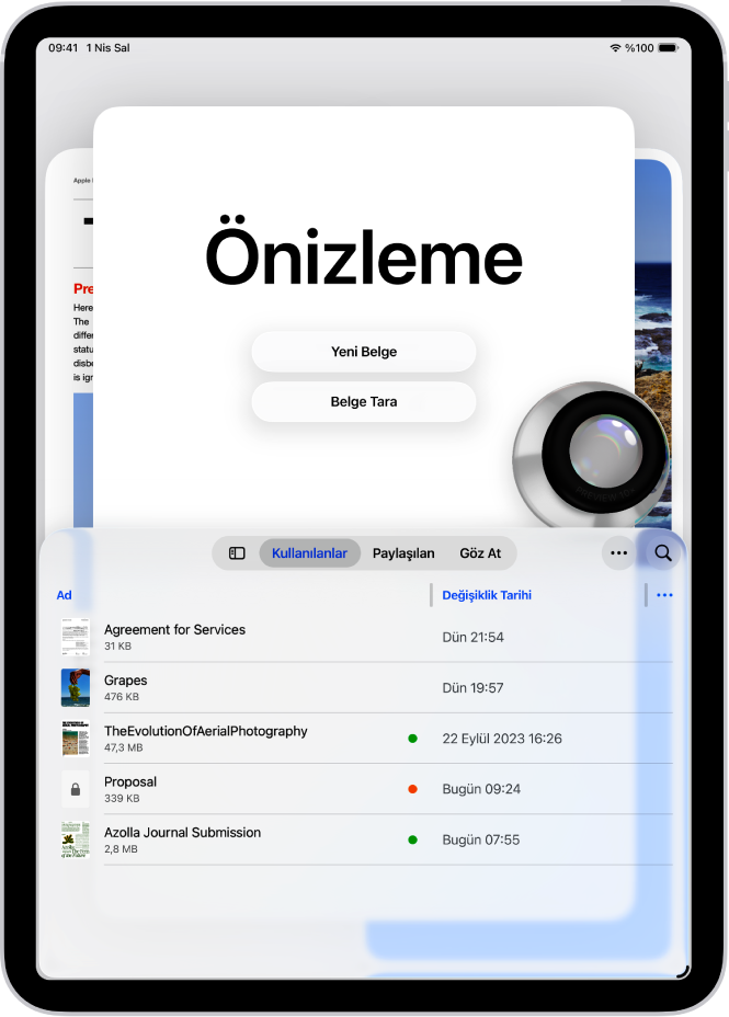 Önizleme uygulamasının ana ekranı, PDF’leri ve görüntüleri gösteriyor. Ekranın alt tarafında Son Kullanılanlar, Paylaşılanlar ve Göz At sekmeleri bulunuyor.