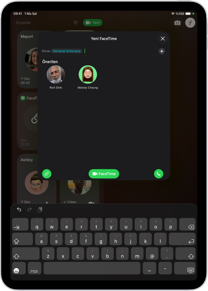 iPad’deki yeni FaceTime penceresi. Adres alanına bir ad girildiğinde altında iki kişi önerisi görünür.