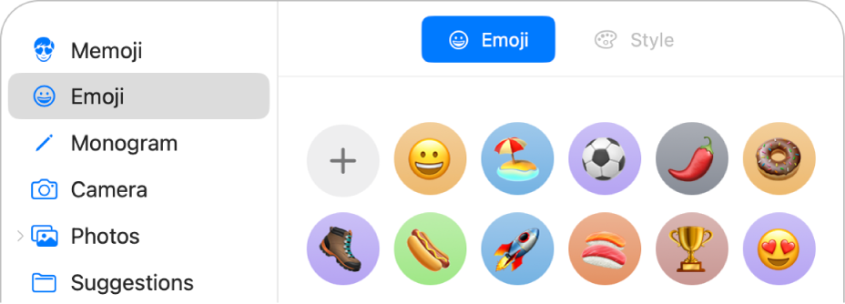 خيارات صورة حساب Apple تتضمن رمز إيموجي محددًا في الشريط الجانبي والعديد من رموز إيموجي معروضة.